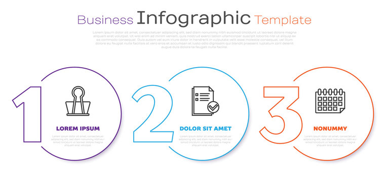 Set line Binder clip, Document and check mark and Calendar. Business infographic template. Vector