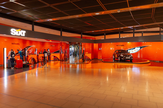 HAMBURG / GERMANY - SEPTEMBER 28, 2018: Sixt branch store on Airport Hamburg. Sixt is a European multinational car rental company with about 4,000 locations in over 105 countries.