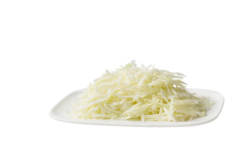 Plate with chopped cabbage on a white background.