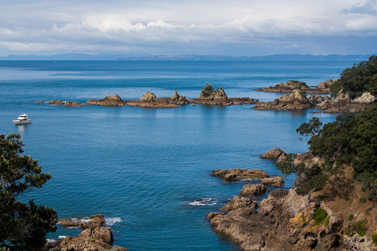 Landscape image of the Hauraki Gulf from Tiritiri Matangi Island. Beautiful blue pacific ocean, rocky shore, blue sky white clouds. Paradise. North Shore, Auckland. Craggy cliffs, pohutukawa trees.