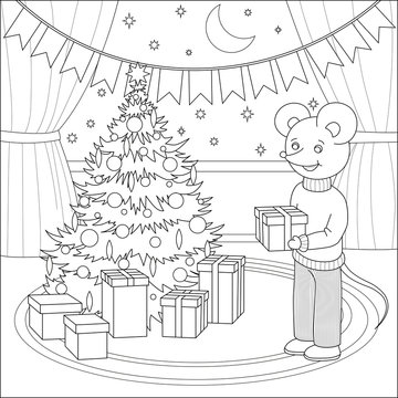 Christmas coloring for children and adults. Little rat with gifts near the New Year tree.
