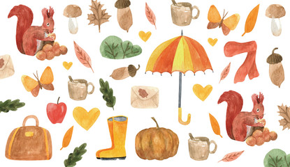 Fototapeta na wymiar Cute autumn watercolor background with umbrella, scarf, butterfly, heart, bag, apple, boots, leaves, squirrel. Seasonal design for print, decoration. Isolated and high resolution.