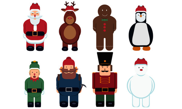 Set Of Christmas Characters With 9 Elements Rudolph The Red Nose Reindeer, Elf, Santa Claus, Yukon Cornelius, Nutcracker, Gingerbread, Penguin, Frosty Snowman)