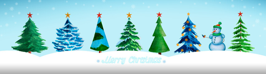 Watercolor fir trees with snowman isolated on blue sky.