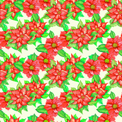 Red poinsettia flowers, hand painted watercolor illustration, seamless pattern design on soft yellow background