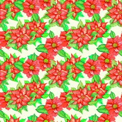 Fotobehang Red poinsettia flowers, hand painted watercolor illustration, seamless pattern design on soft yellow background © ArtoPhotoDesigno