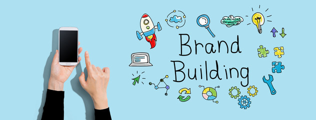 Brand building with person using a white smartphone