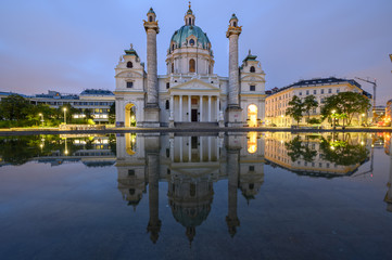 Fototapeta na wymiar Reflection of St. Charles's Church in Vienna, Austria