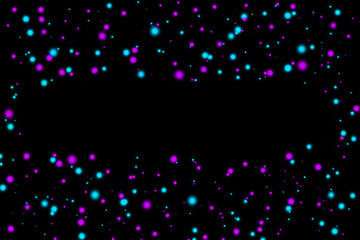 Fototapeta na wymiar Neon cyan and purple dots on black background. Template with a place for your text. Abstract texture for web-design, digital printing or concept design.
