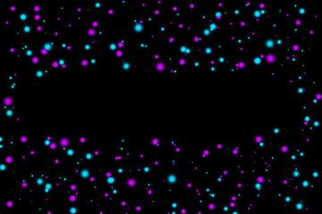 Neon cyan and purple dots on black background. Template with a place for your text. Abstract texture for web-design, digital printing or concept design.