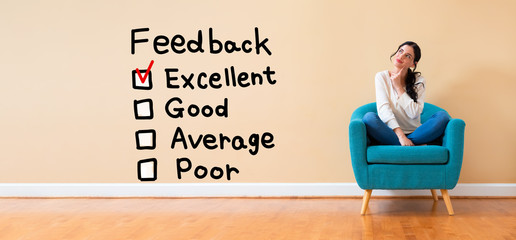 Feedback with woman in a thoughtful pose in a chair