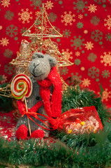 Christmas and New Year red background with rat and gifts
