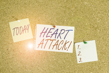 Text sign showing Heart Attack. Business photo showcasing sudden occurrence of coronary thrombosis resulting in death Corkboard color size paper pin thumbtack tack sheet billboard notice board
