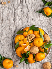Naklejka na ściany i meble Fresh bright tangerines (oranges) with green leaves and walnuts on gray plate on pullover background, cozy winter mood, top view, frame, template layout