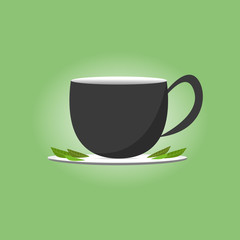 Black Cup of Tea, saucer plate and tea leaves on green background. Vector Stock Illustration.