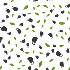 Seamless pattern of cup of tea and tea leaves on white background. Stock vector illustration.