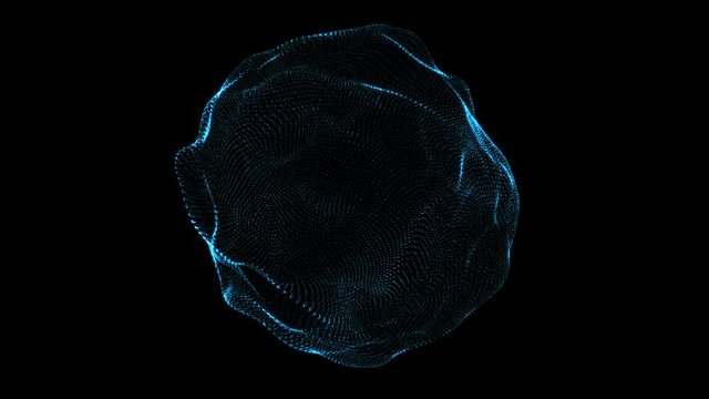 Abstract glowing sphere. Glow particles. Wavy round shape. Motion background. Futuristic element. Isolated on black template. 4k