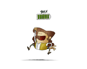 A happy businesswoman with raised hands because his battery is fully charged. Living energy. Power for change. isolated