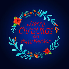 Floral wreath of christmas poinsettia on blue background.