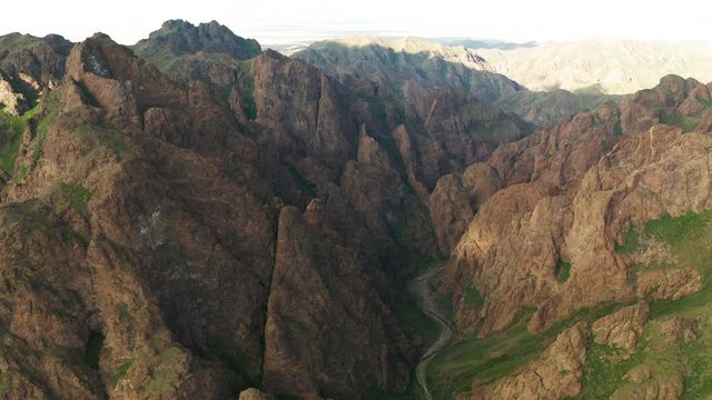 Yolyn Am or Eagle valley at sunset. Aerial view. Mongolia