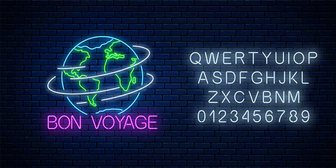 Bon voyage glowing neon banner with spinning earth sign and text. Have a nice trip wish banner with alphabet