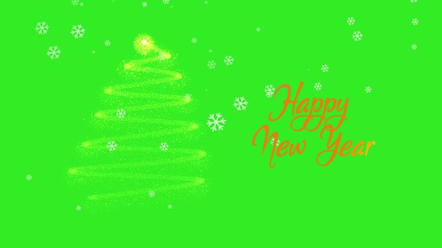 Happy New Year, beautiful typography animation on green screen with snow and Christmas tree