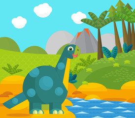 Cartoon happy dinosaur near some river and volcano - illustration for children