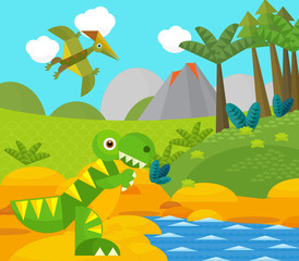Cartoon happy dinosaur near some river and volcano - illustration for children