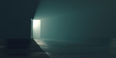 hope amid the gloom concept, a bright exit door in dark room, the light at the end of the tunnel - 309067989