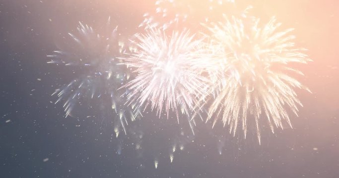 Magical artistic sky with magical multiple colourful fireworks and snow falling animation background. 