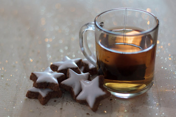 Cup of tea and cookies. Winter and holiday concept