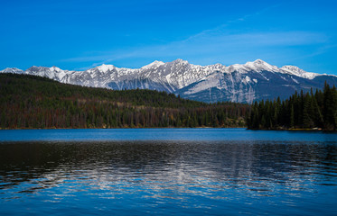 Landscape over the Pyramid lake at Jasper National Park in Alberta, Canada / Mirror Photography