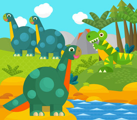 Naklejka premium Cartoon happy dinosaur near some river and volcano - illustration for children