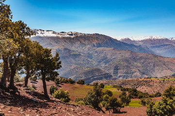 View of the high snow-capped mountains in the Atlas Mountains in Morocco