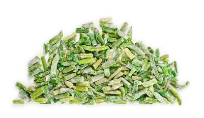 Frozen green beans isolated on a white background. Top view.