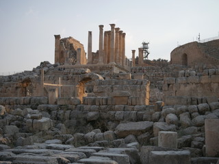 Pillars of roman ruins in the historic city of Jerash, Jordan, landscape of constructions build with columns