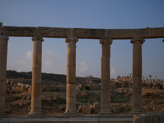 Pillars of roman ruins in the historic city of Jerash, Jordan, landscape of constructions build with columns
