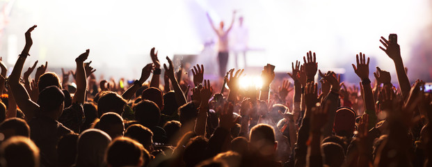 crowd with raised hands at concert festival banner - obrazy, fototapety, plakaty
