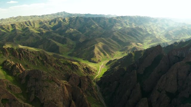 Yolyn Am or Eagle valley at sunset. Aerial view. Mongolia