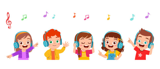 happy cute kid boy and girl listening music