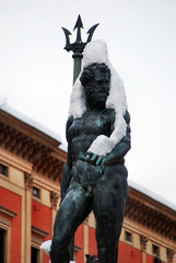 Neptune fountain in Bologna under the snow. Snowfall in Bologna, Italy © Claudio Caridi