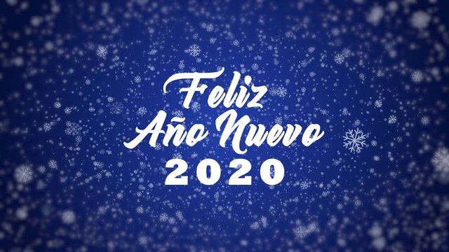 Feliz Ano Nuevo 2020 text and falling  snowflake animation on blue background. Translation: Happy New Year 2020.