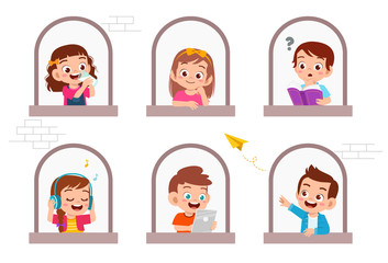 happy cute kid study on window set