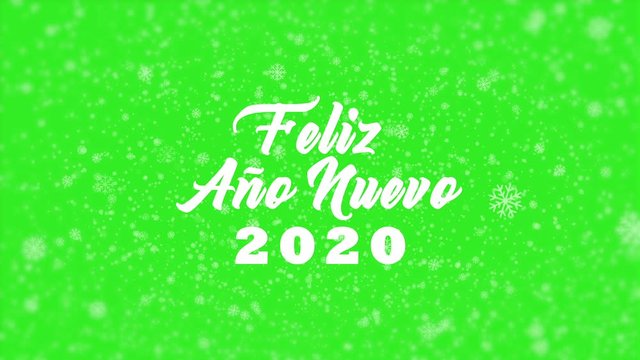 After effects animation of Feliz Ano Nuevo 2020 text with snowflakes falling on green screen background. Translation: Happy New Year 2020.