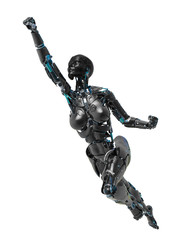 cyborg female comic pose flying in a white background