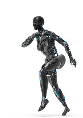 cyborg female walking in a white background