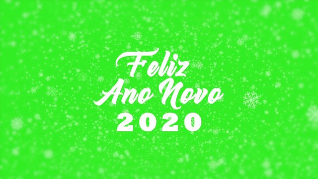 Feliz Ano Novo 2020 text and snowflake animation on green screen background. Translation: Happy New Year 2020.