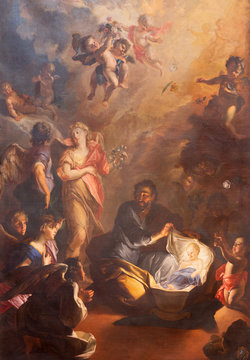 PRAGUE, CZECH REPUBLIC - OCTOBER 18, 2018: The baroque painting of St. Joseph and little Jesus in church kostel Svat&eacute; Vor&scaron;ily by Jan Bruno Rossi (1737-1739).