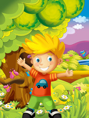cartoon happy and funny scene with kid in the park having fun - illustration for children