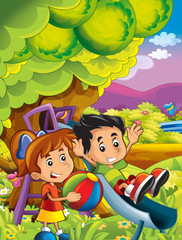 cartoon happy and funny scene with kid in the park having fun - illustration for children